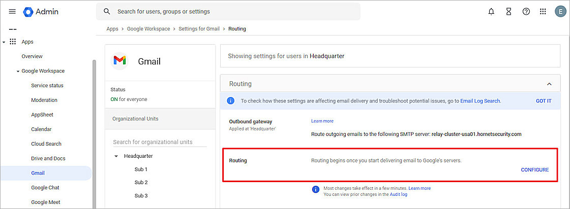 Screenshot of the Google Workspace Routing Rules